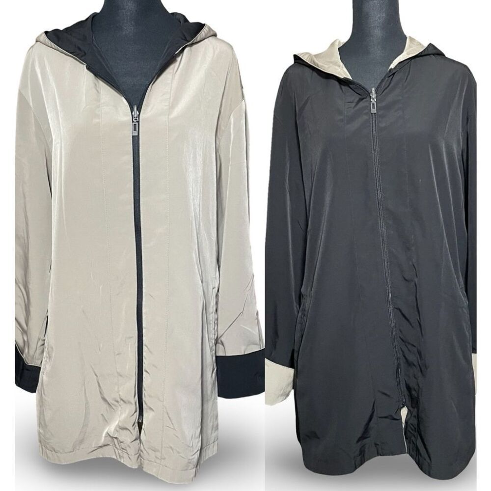 GALLERY Reversible, Black & Khaki, Hooded Rain Jacket, Full-zip, Size Large